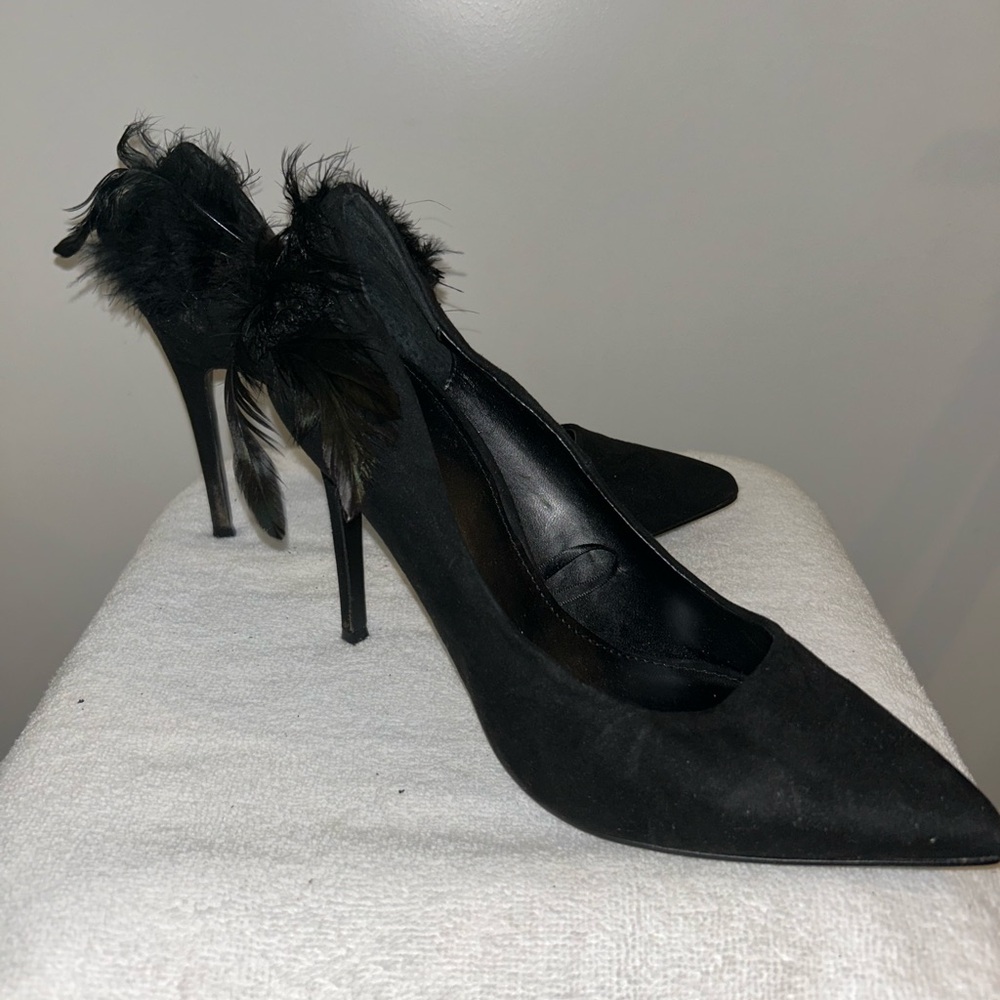 Express Black Feather Accent Pointed Toe Stiletto Heels